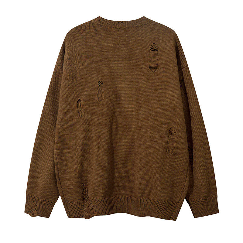 Long Sleeve Streetwear Knitted Sweater With Distressed Crochet Detail