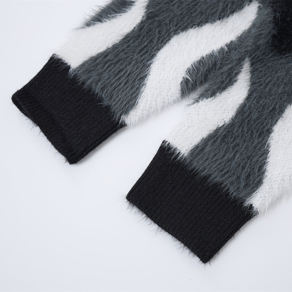 Black Faux Mink Fur Color Block Patchwork Sweater For Men