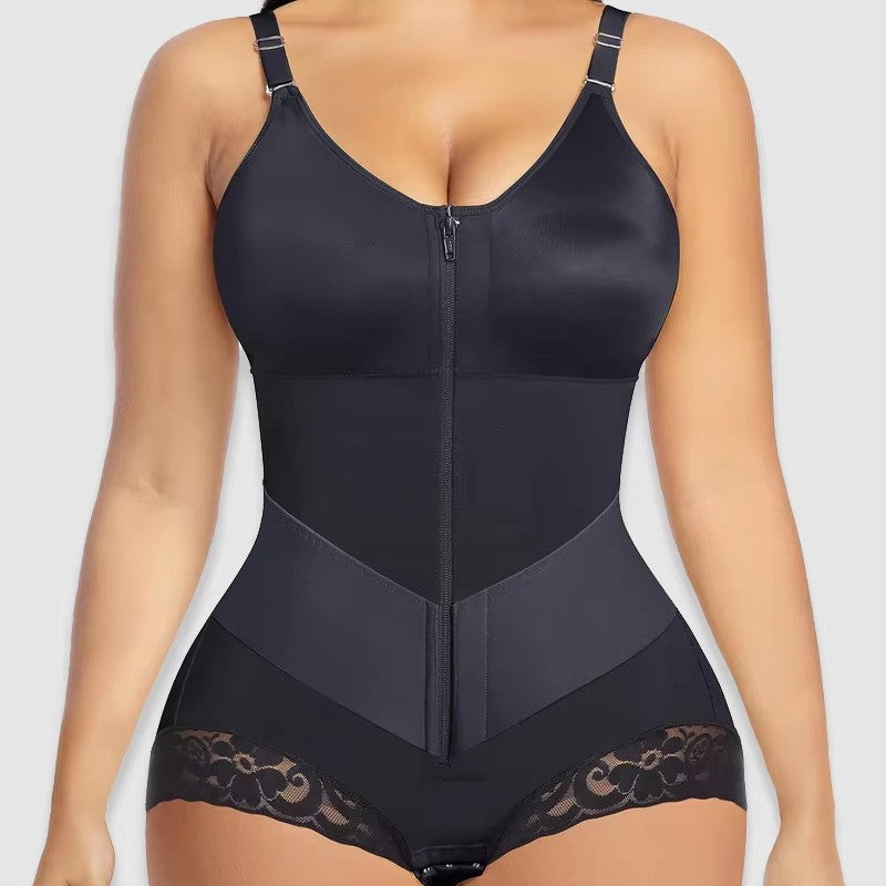 High Waist Lace Trim Shapewear Briefs With Front Zip Closure