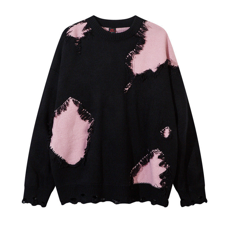 Unisex Streetwear Loose Fit Color Block Cat Sweater Top