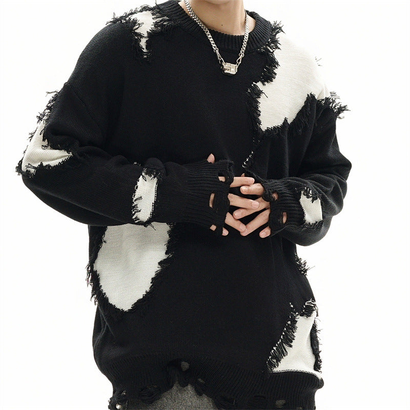 Unisex Streetwear Loose Fit Color Block Cat Sweater Top