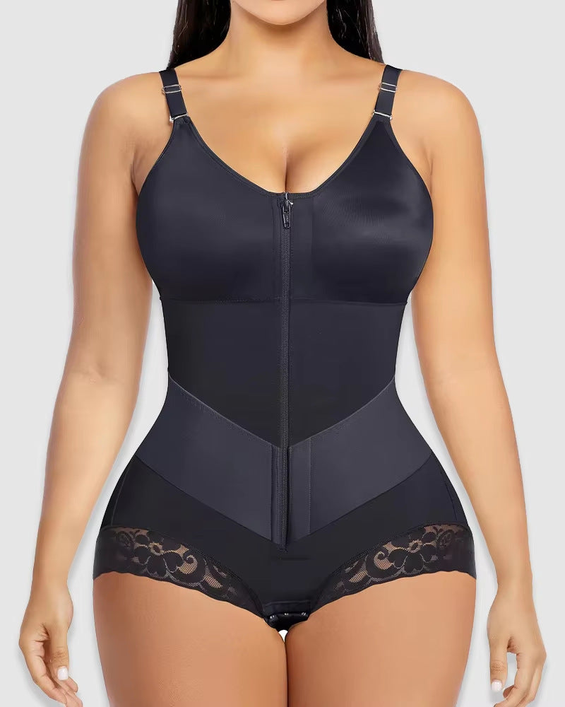 High Waist Lace Trim Shapewear Briefs With Front Zip Closure