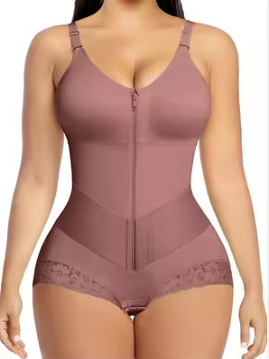 High Waist Lace Trim Shapewear Briefs With Front Zip Closure