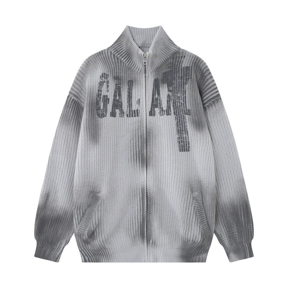 Men Vintage Tie Dye Stand Collar Zipper Cardigan Sweater
