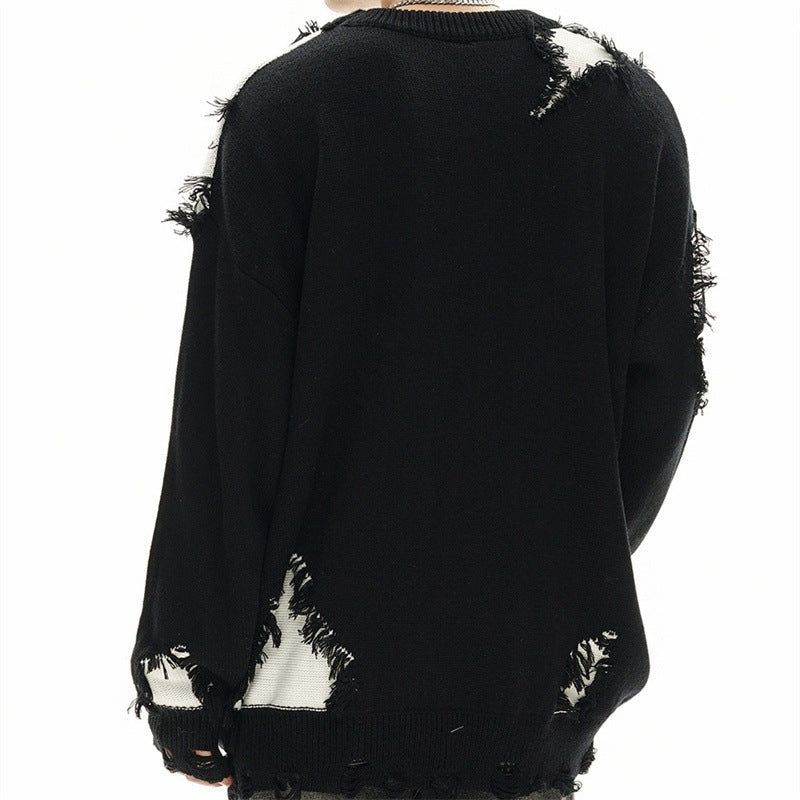 Unisex Streetwear Loose Fit Color Block Cat Sweater Top
