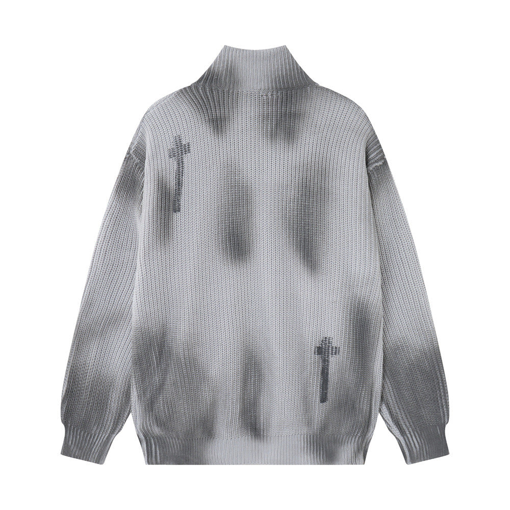 Men Vintage Tie Dye Stand Collar Zipper Cardigan Sweater