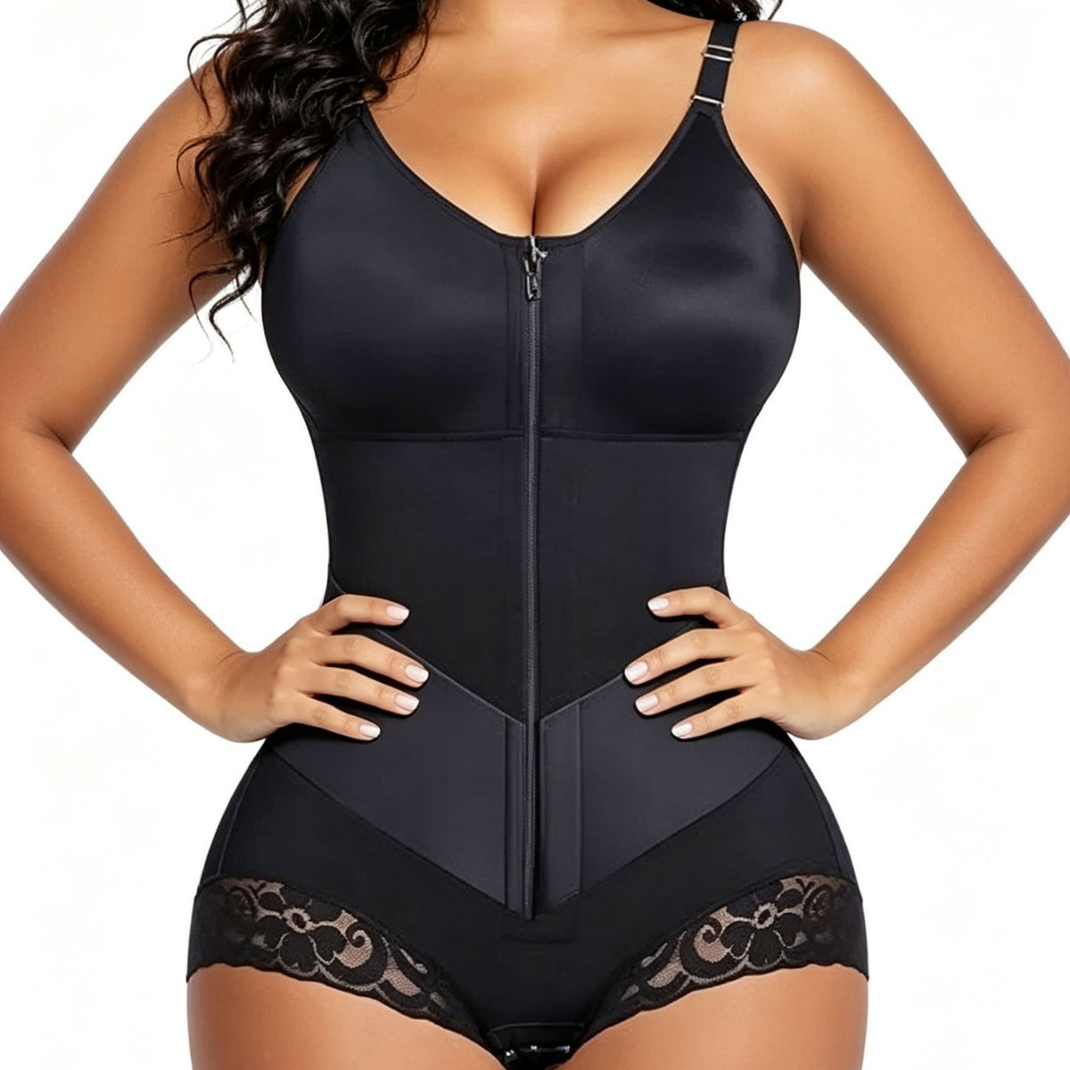 High Waist Lace Trim Shapewear Briefs With Front Zip Closure