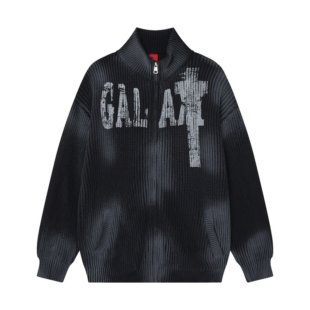 Men Vintage Tie Dye Stand Collar Zipper Cardigan Sweater