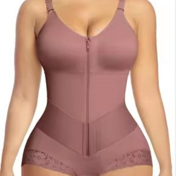 High Waist Lace Trim Shapewear Briefs With Front Zip Closure