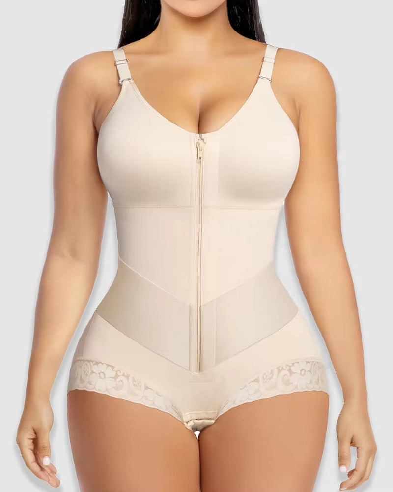 High Waist Lace Trim Shapewear Briefs With Front Zip Closure