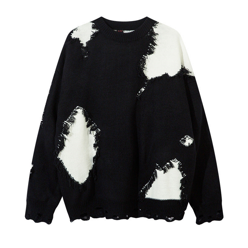 Unisex Streetwear Loose Fit Color Block Cat Sweater Top