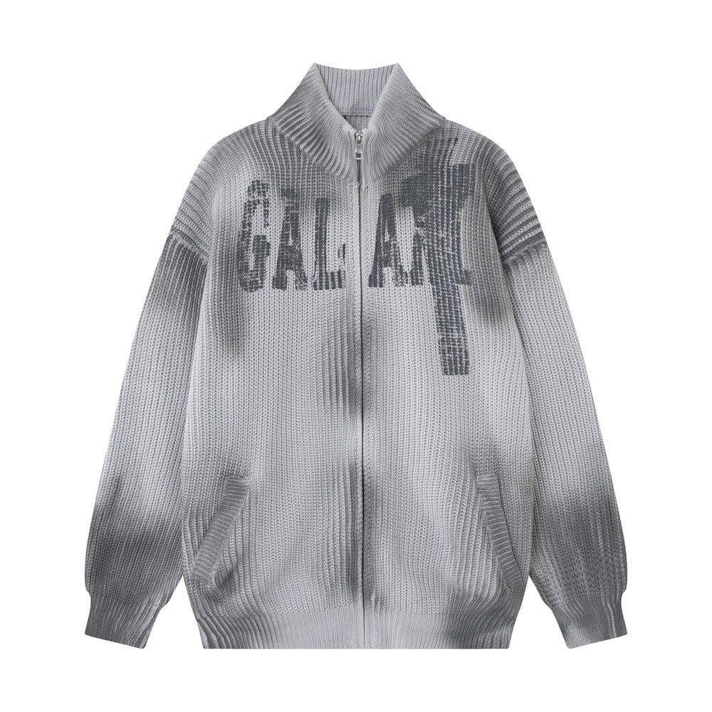 Men Vintage Tie Dye Stand Collar Zipper Cardigan Sweater