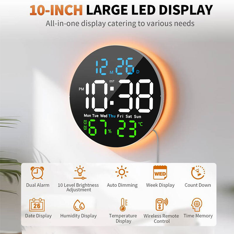 10 Inch Digital Wall Clock With Remote Temp Humidity Display And Dual Alarm
