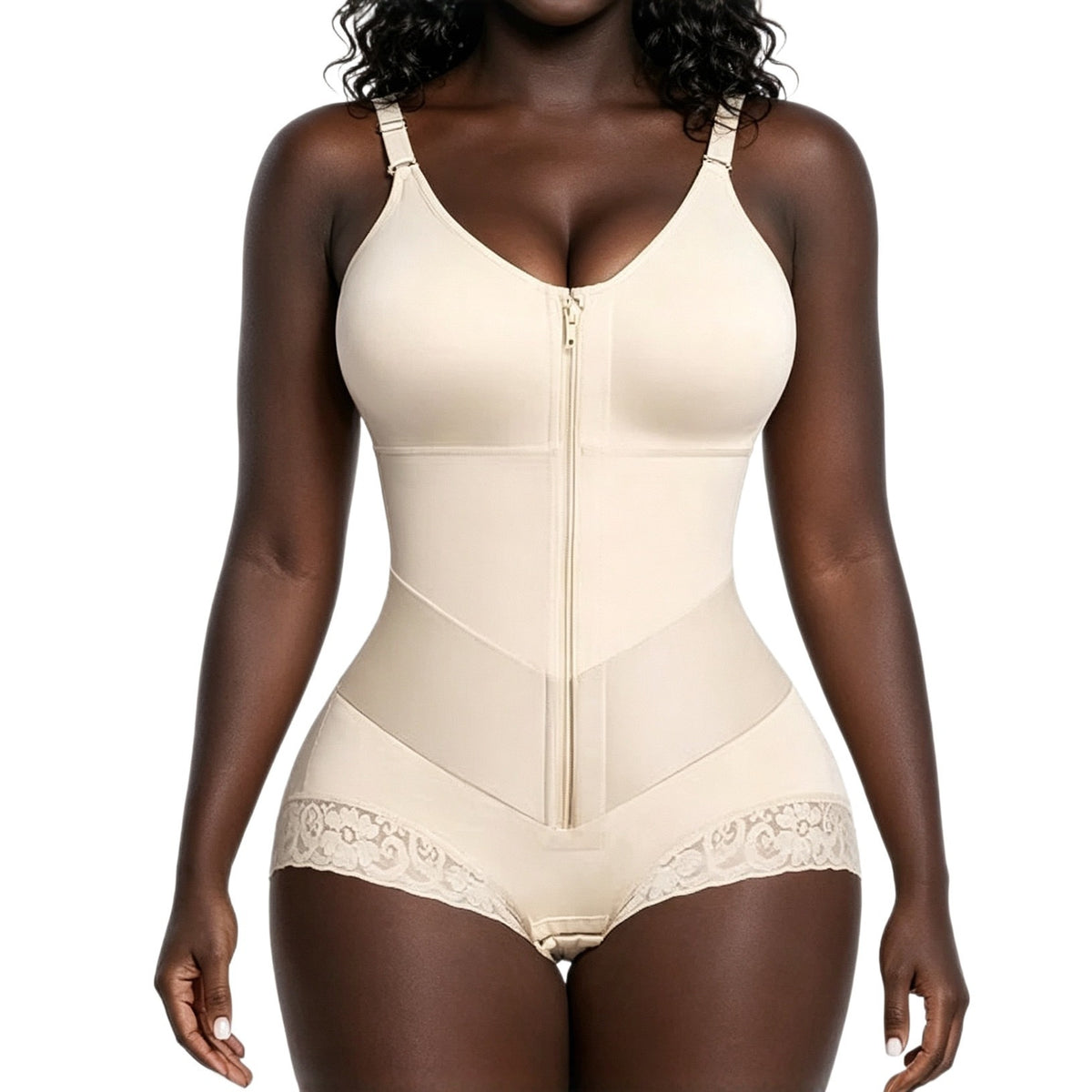 High Waist Lace Trim Shapewear Briefs With Front Zip Closure