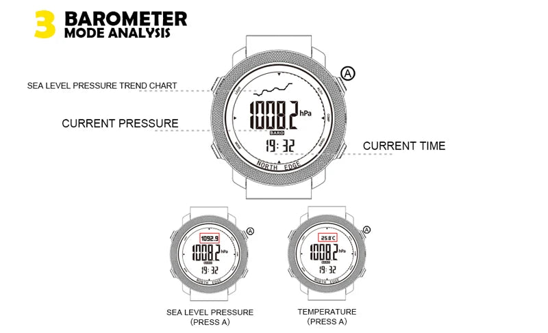North Edge Mens Digital Sports Watch Altimeter Barometer Compass 50M Waterproof