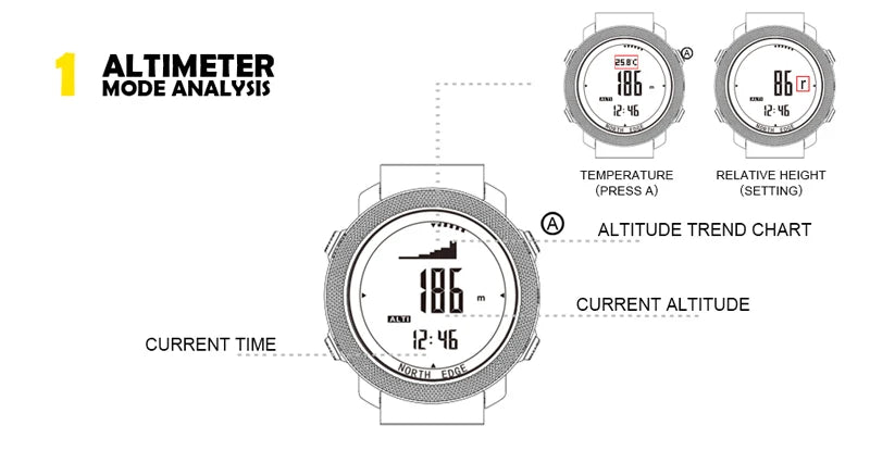 North Edge Mens Digital Sports Watch Altimeter Barometer Compass 50M Waterproof